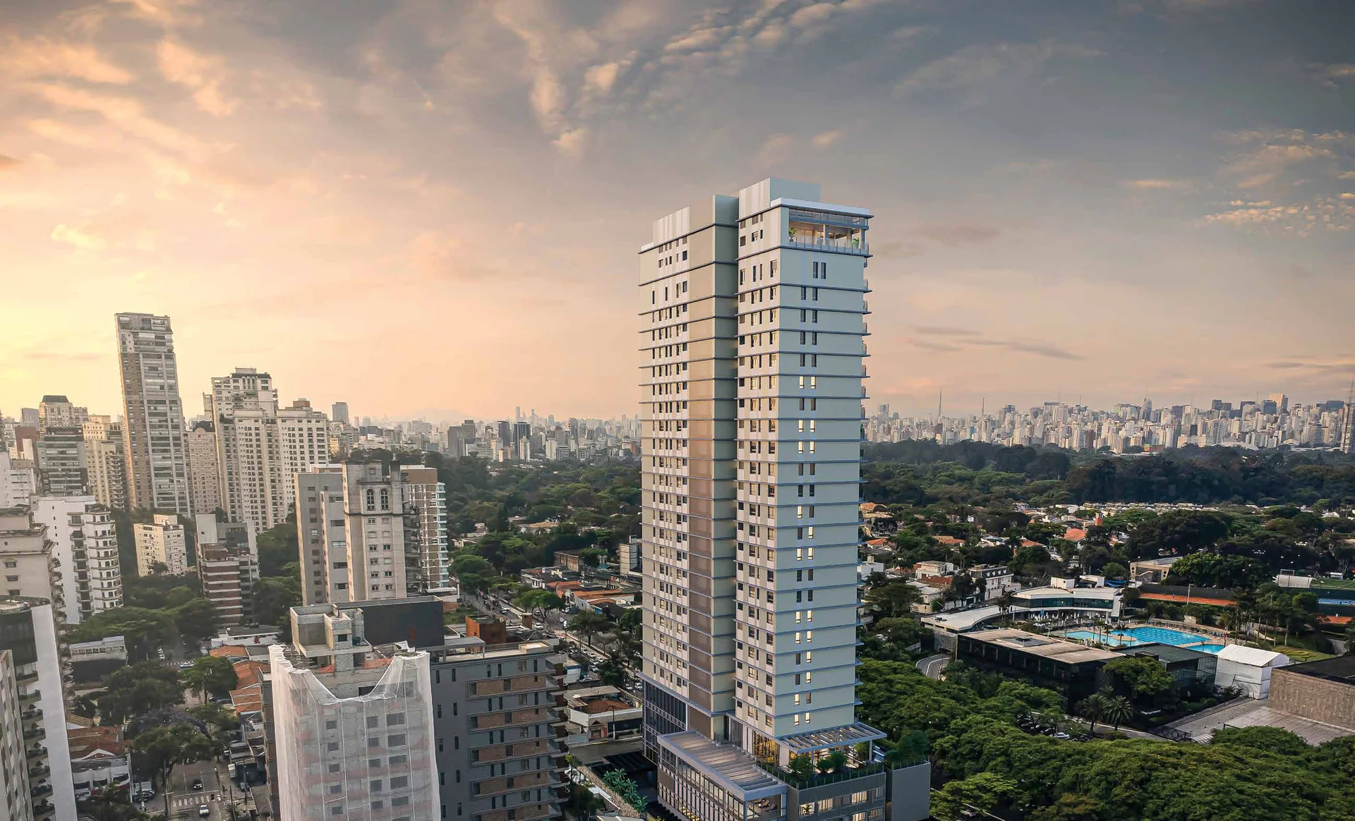 Park Avenue Ibirapuera, EZTEC e Fraiha, na Av. República do Líbano com o Parque Ibirapuera ao fundo. Perspectiva ilustrada com fotomontagem