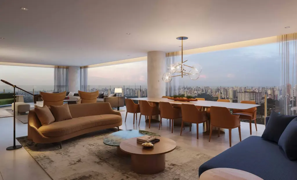 Living do apartamento de 298 m² do Park Avenue Ibirapuera, planta opção final 1. Perspectiva ilustrada