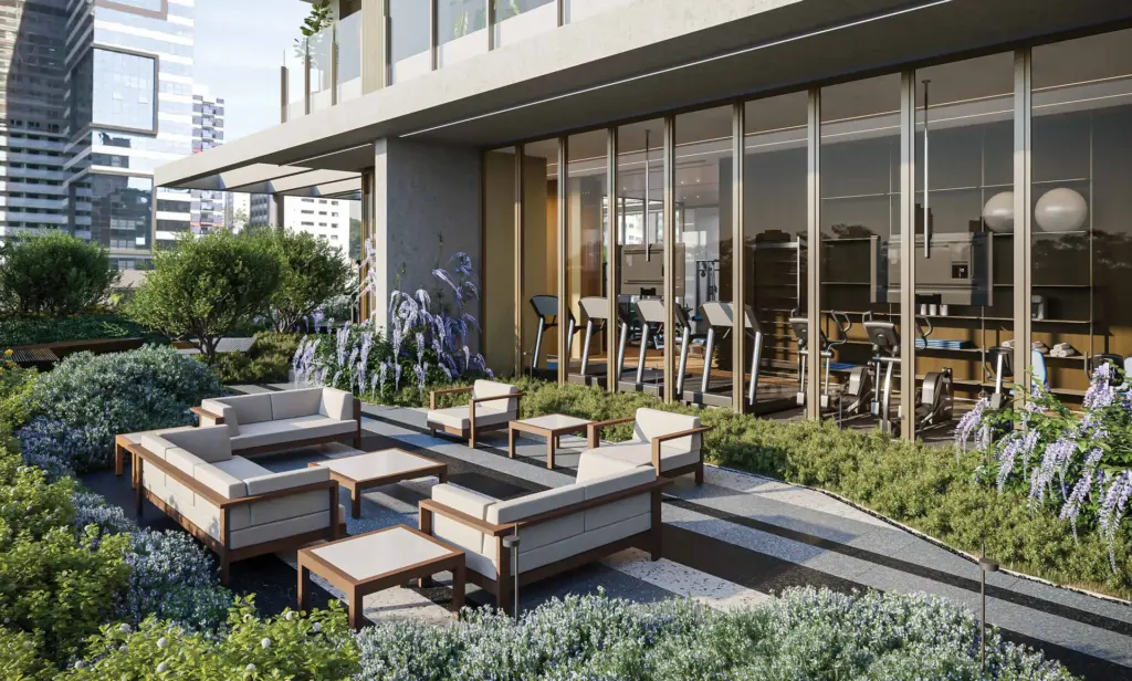 Lounge externo e fitness do Park Avenue Ibirapuera no 4º pavimento. Perspectiva ilustrada