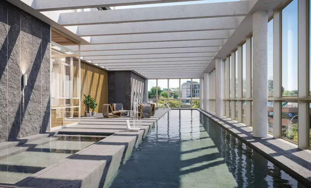 Piscina de 25 metros do Park Avenue Ibirapuera no wellness center do 3º pavimento. Perspectiva ilustrada