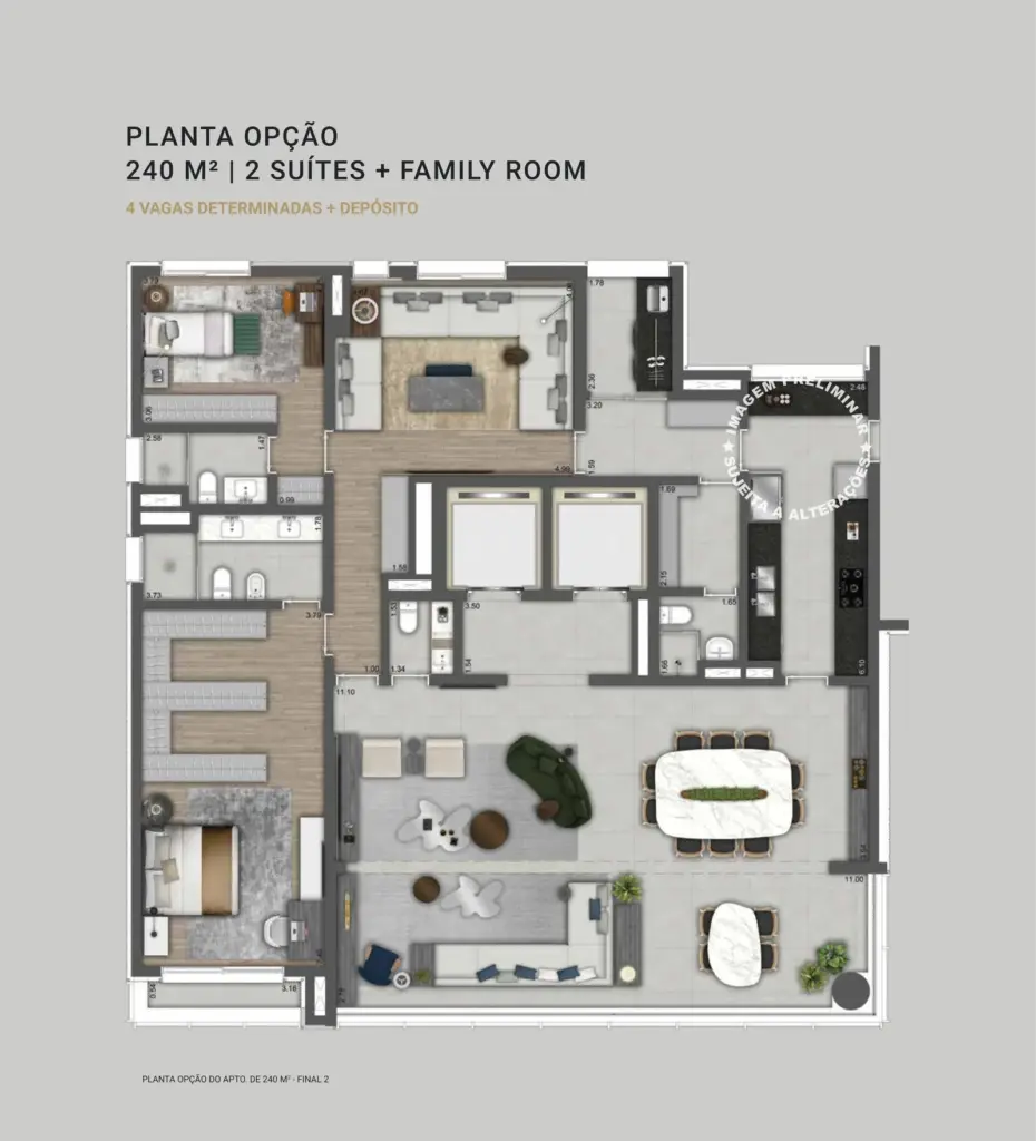 Planta opção de 240 m² do Park Avenue Ibirapuera, final 2, com 2 suítes e family room