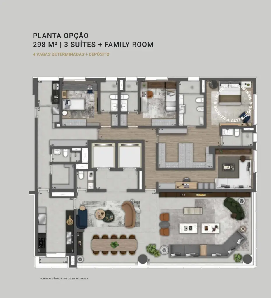 Planta opção de 298 m² do Park Avenue Ibirapuera, final 1, com 3 suítes e family room