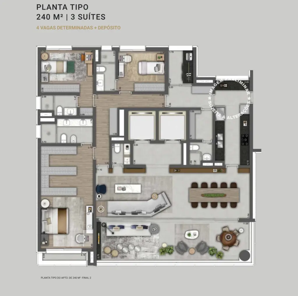 Planta tipo de 240 m² do Park Avenue Ibirapuera, final 2, com 3 suítes
