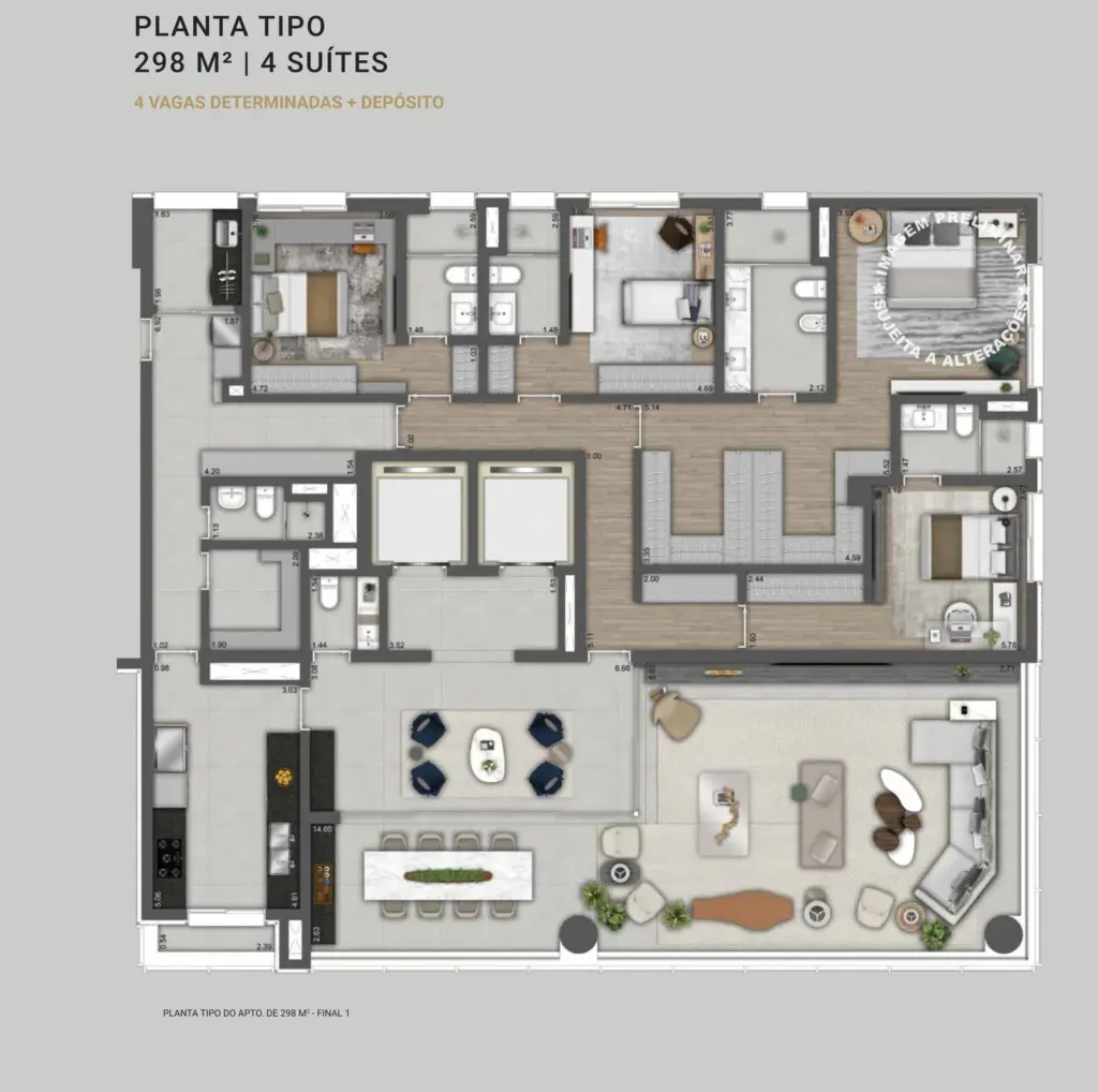 Planta tipo de 298 m² do Park Avenue Ibirapuera, final 1, com 4 suítes