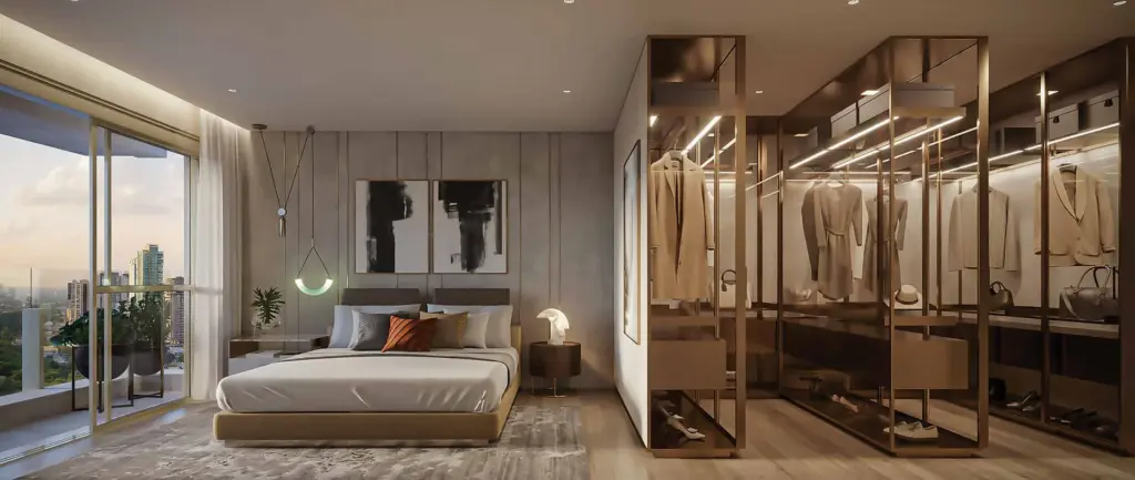 Suíte master do apartamento de 240 m² do Park Avenue Ibirapuera com closet. Perspectiva ilustrada