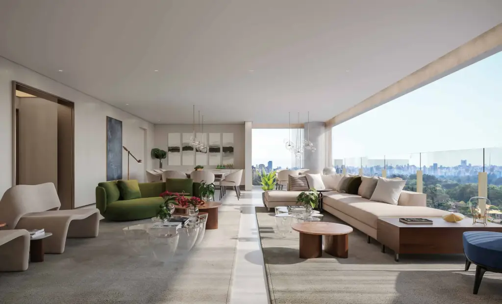 Terraço e living do apartamento de 240 m² do Park Avenue Ibirapuera, planta opção final 2. Perspectiva ilustrada