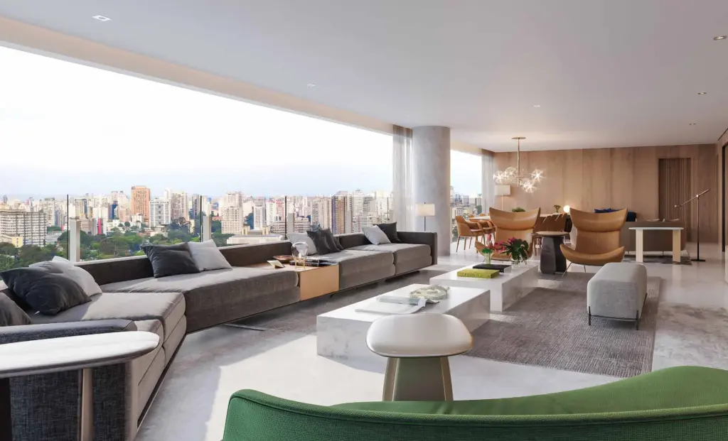 Terraço do apartamento de 298 m² do Park Avenue Ibirapuera com vista para São Paulo. Perspectiva ilustrada