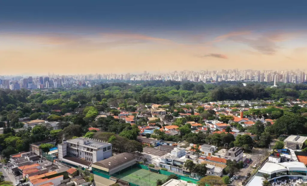 Vista do 25º andar do Park Avenue Ibirapuera para o Parque Ibirapuera e o Clube Monte Líbano. Perspectiva ilustrada